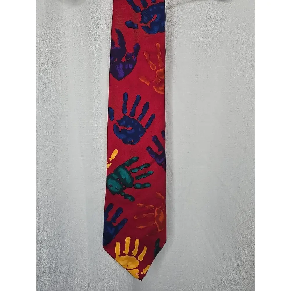 Vintage Red Save The Children 'Lend A Hand' 100% Silk Handprint Neck Tie Rare